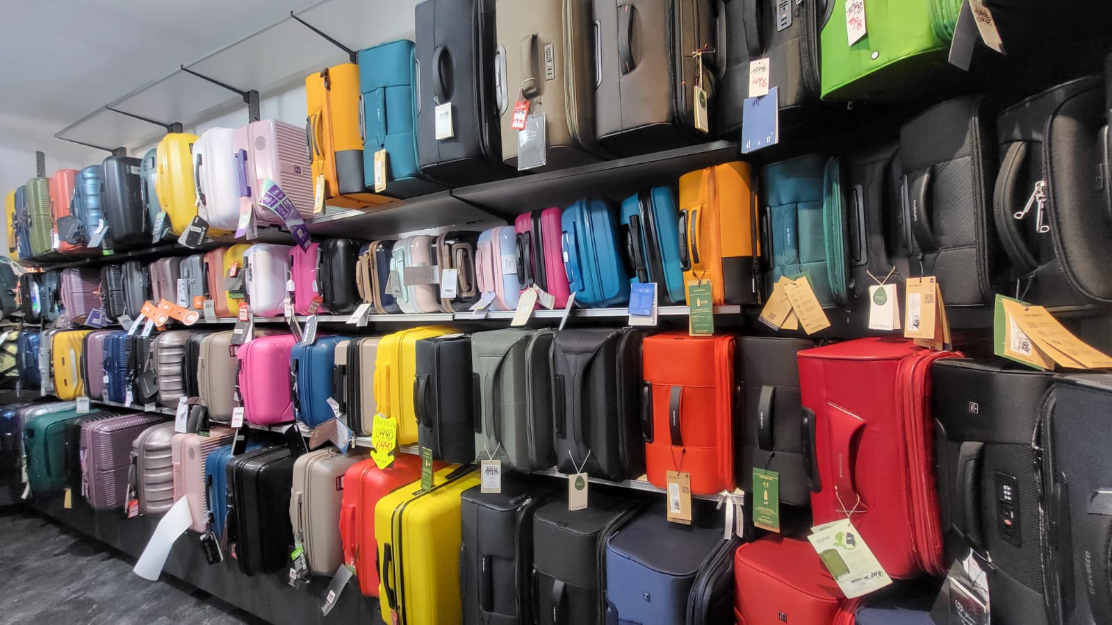 Wand mit vielen bunten Koffern bei in-bag Mariahilfer Straße
